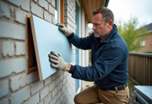 Ouvrier posant une panneau d'isolation sur un mur extérieur