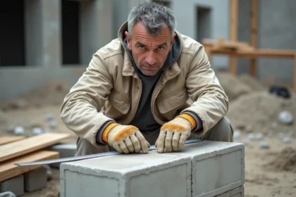 Ouvrier mesurant un parpaing standard sur un chantier de construction avec un mètre ruban en acier