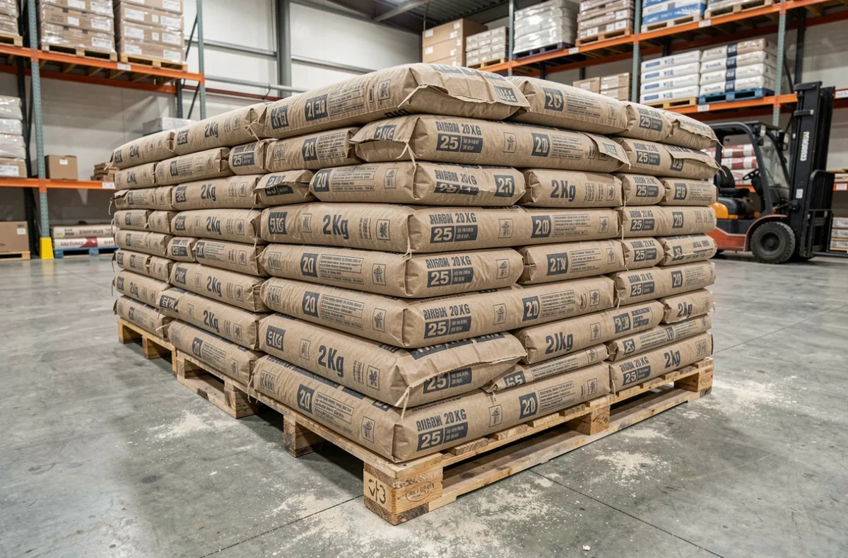 Palette complète de sacs de ciment de 25 kg stockés dans un entrepôt de matériaux de construction