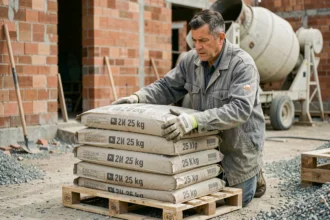 Ouvrier empilant des sacs de ciment de 25 kg sur une palette en bois sur un chantier de construction