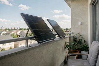 Panneau solaire plug and play installé sur un balcon résidentiel avec câble branché sur prise murale