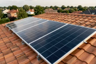 Panneaux photovoltaïques monocristallins installés sur un toit de maison résidentielle pour produire 5000 kWh par an