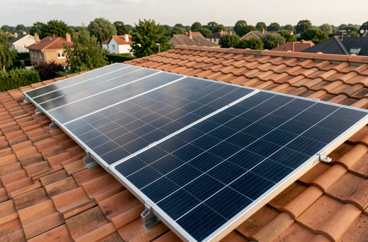 Panneaux photovoltaïques monocristallins installés sur un toit de maison résidentielle pour produire 5000 kWh par an