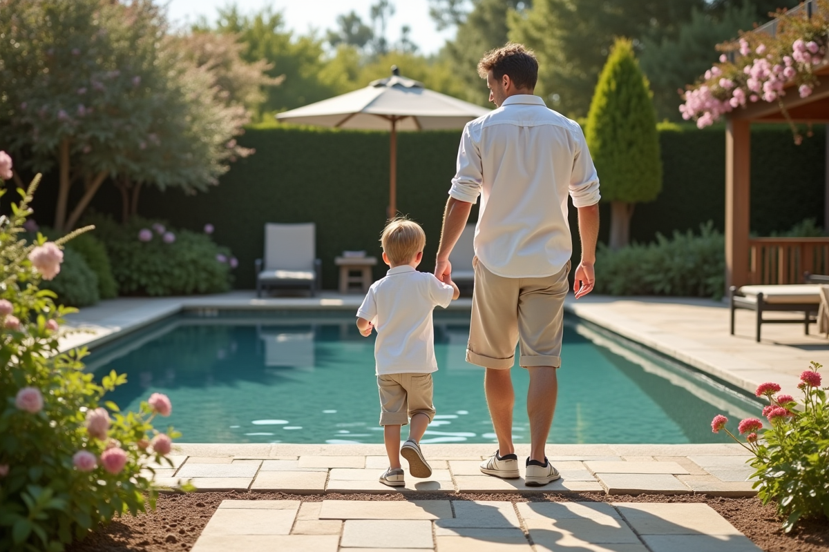 Père et enfant marchent sur un chemin en pierre près de la piscine