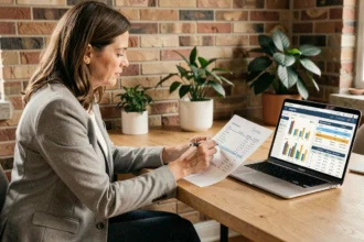 Femme consultant un budget de rénovation sur tableur imprimé et logiciel de suivi budgétaire sur ordinateur portable dans un bureau à domicile
