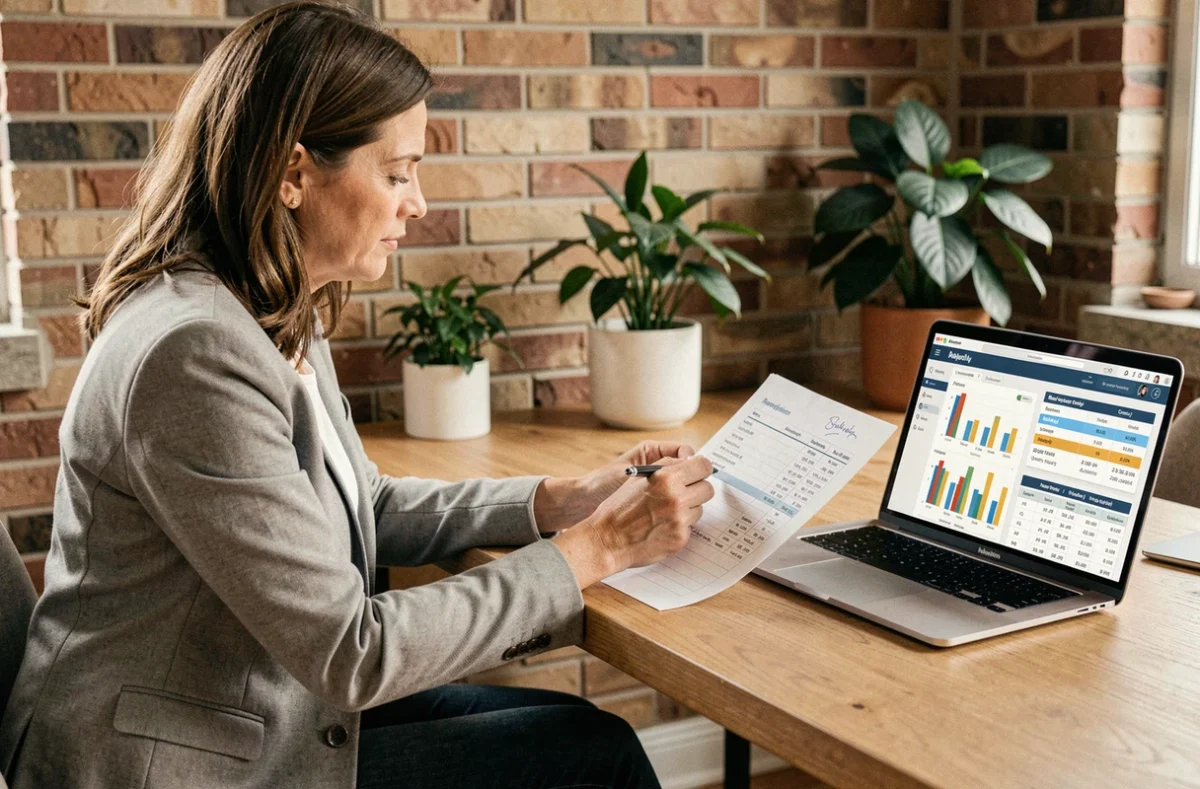 Femme consultant un budget de rénovation sur tableur imprimé et logiciel de suivi budgétaire sur ordinateur portable dans un bureau à domicile