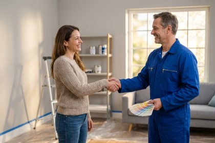 Peintre homme et femme souriants dans une pièce rénovée