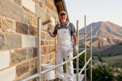 Peintre en bâtiment professionnel sur échafaudage avec le paysage volcanique du Puy-de-Dôme en arrière-plan