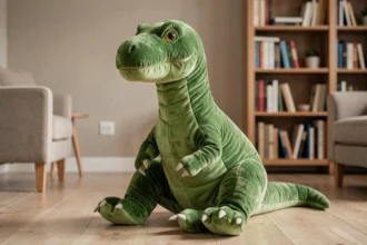 Grande peluche dinosaure verte posée sur un parquet en bois dans un salon cosy, vue grand angle montrant sa taille imposante