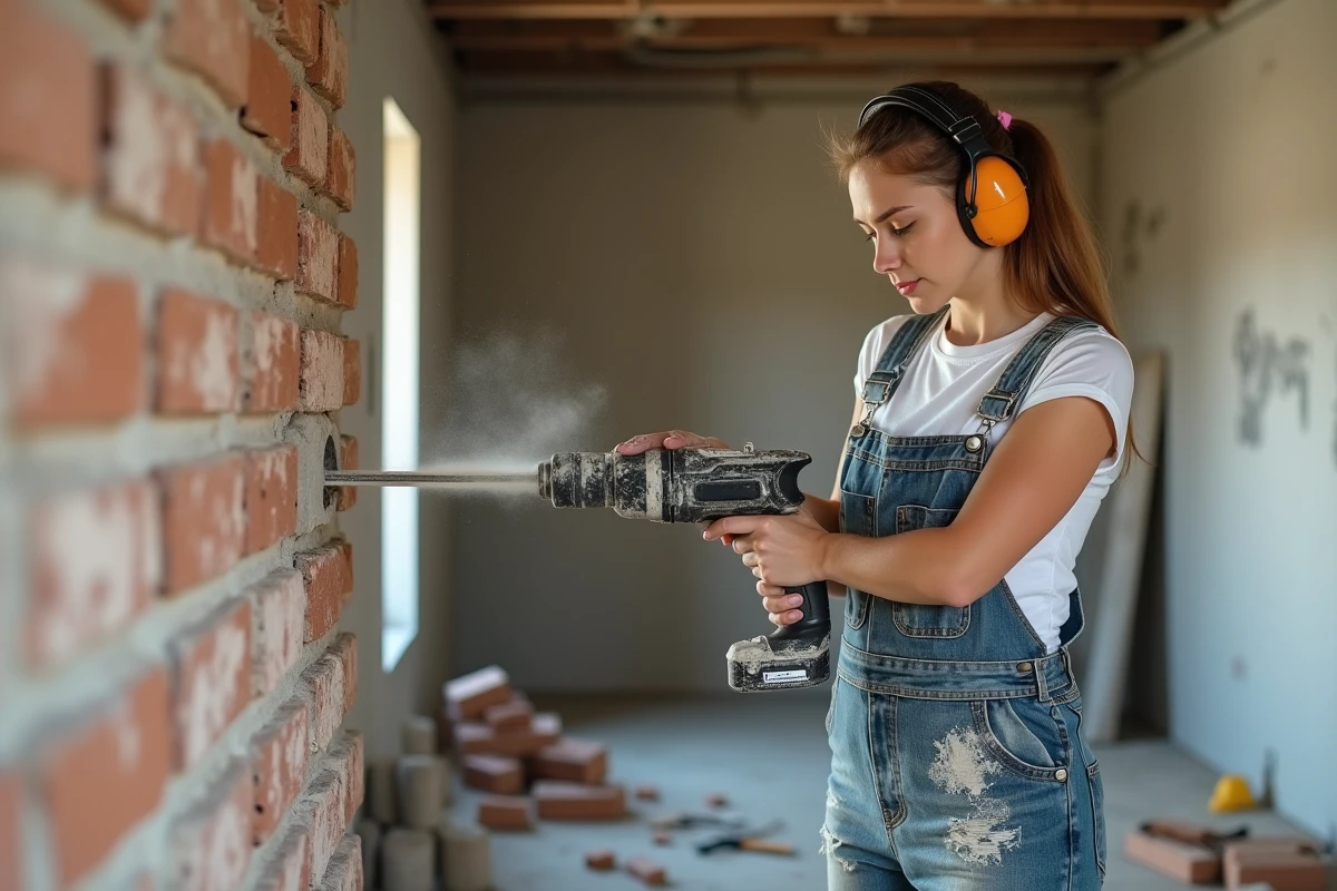 Femme utilisant un perforateur pour démolir un mur intérieur en brique lors d'une rénovation maison