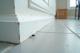 Petite bête noire minuscule rampant à la base d'une plinthe blanche dans une cuisine moderne