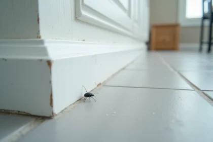 Petite bête noire minuscule rampant à la base d'une plinthe blanche dans une cuisine moderne