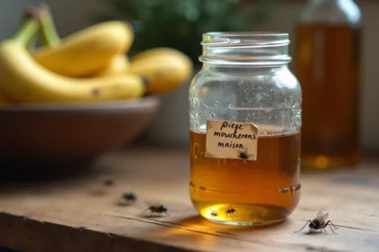 Piège moucherons fait maison économique avec vinaigre de cidre dans un bocal en verre posé sur un plan de travail en bois