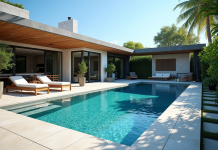 Piscine moderne dans un jardin avec mobilier extérieur