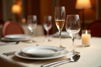 Placement correct des verres à eau, à vin rouge et d'une flûte à champagne sur une table dressée formellement avec nappe en lin blanc et couverts en argent
