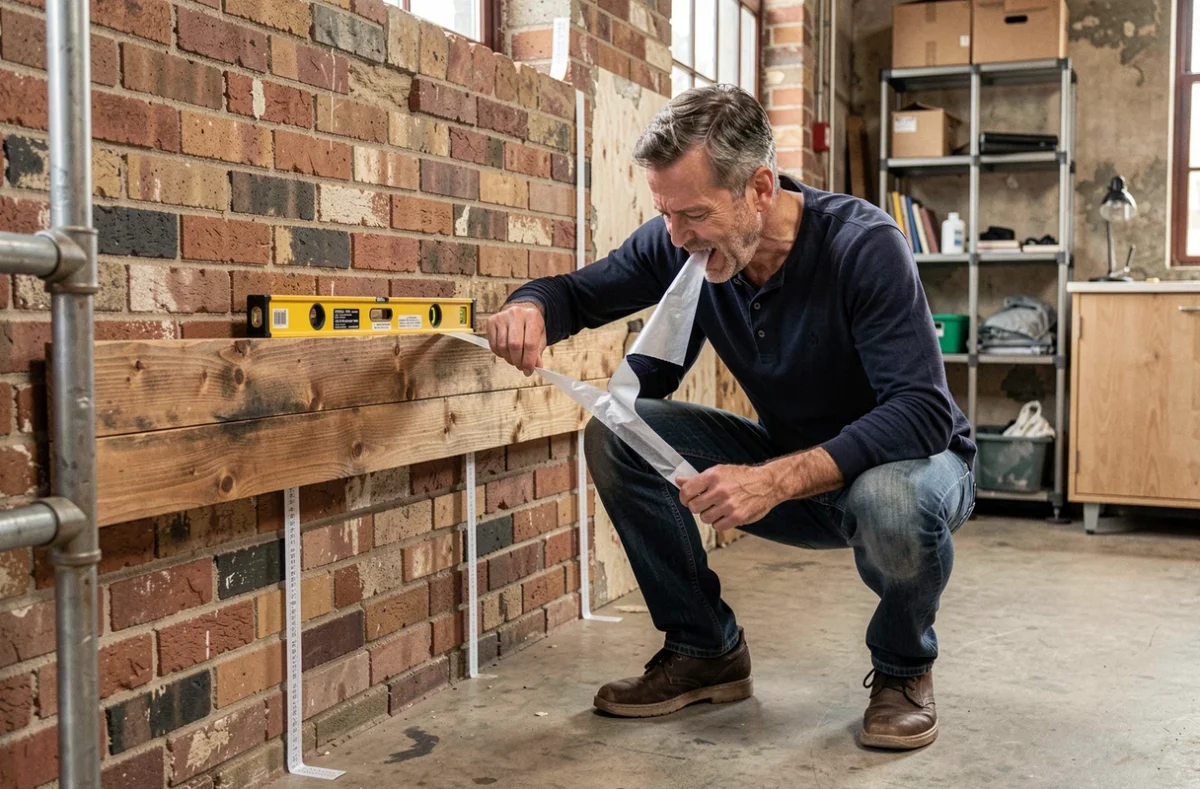 Homme posant une planche en bois recyclé sur un mur en brique sans percer grâce à des bandes de montage adhésives industrielles