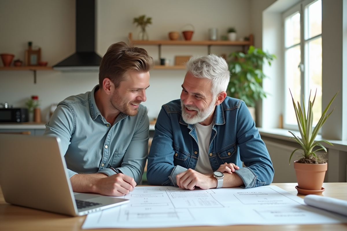 Couple et entrepreneur discutant plans de rénovation cuisine