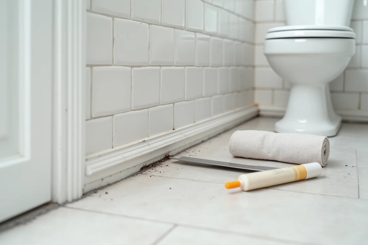 Plinthe de salle de bain avec traces d'insectes noirs et outils de colmatage posés sur le carrelage