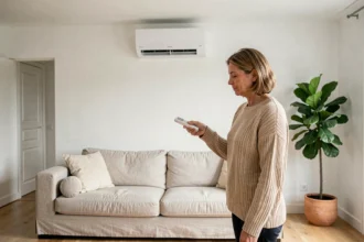 Femme devant une pompe à chaleur air-air murale dans un salon moderne en France