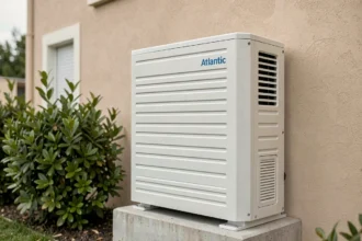 Pompe à chaleur air eau Atlantic installée sur la façade extérieure d'une maison individuelle