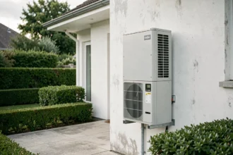 Pompe à chaleur air-eau installée sur la façade extérieure d'une maison individuelle moderne