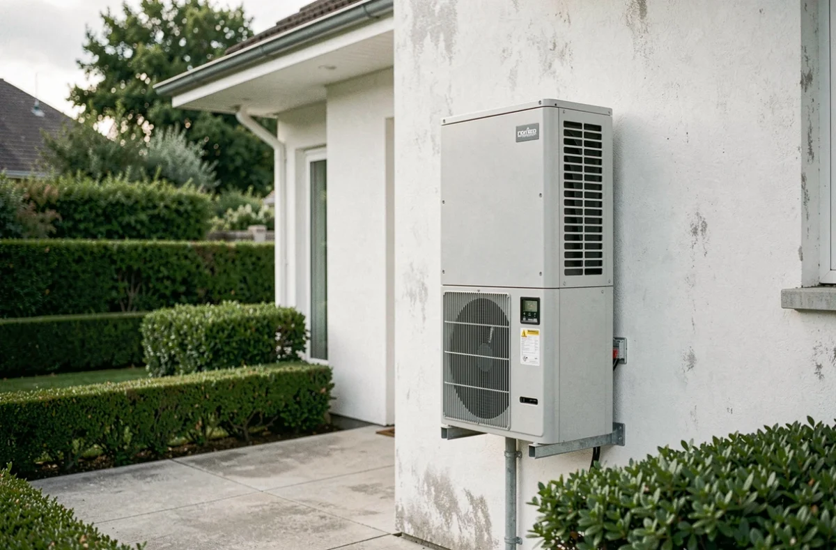 Pompe à chaleur air-eau installée sur la façade extérieure d'une maison individuelle moderne