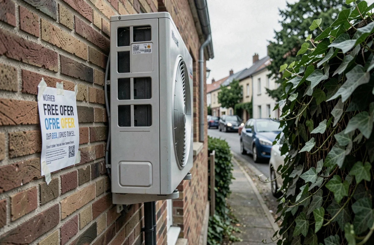 Pompe à chaleur installée sur un mur de brique avec un flyer promotionnel d'offre gratuite affiché à côté