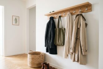 Porte-manteau mural en bois de chêne dans une entrée scandinave bien organisée avec manteaux et accessoires rangés