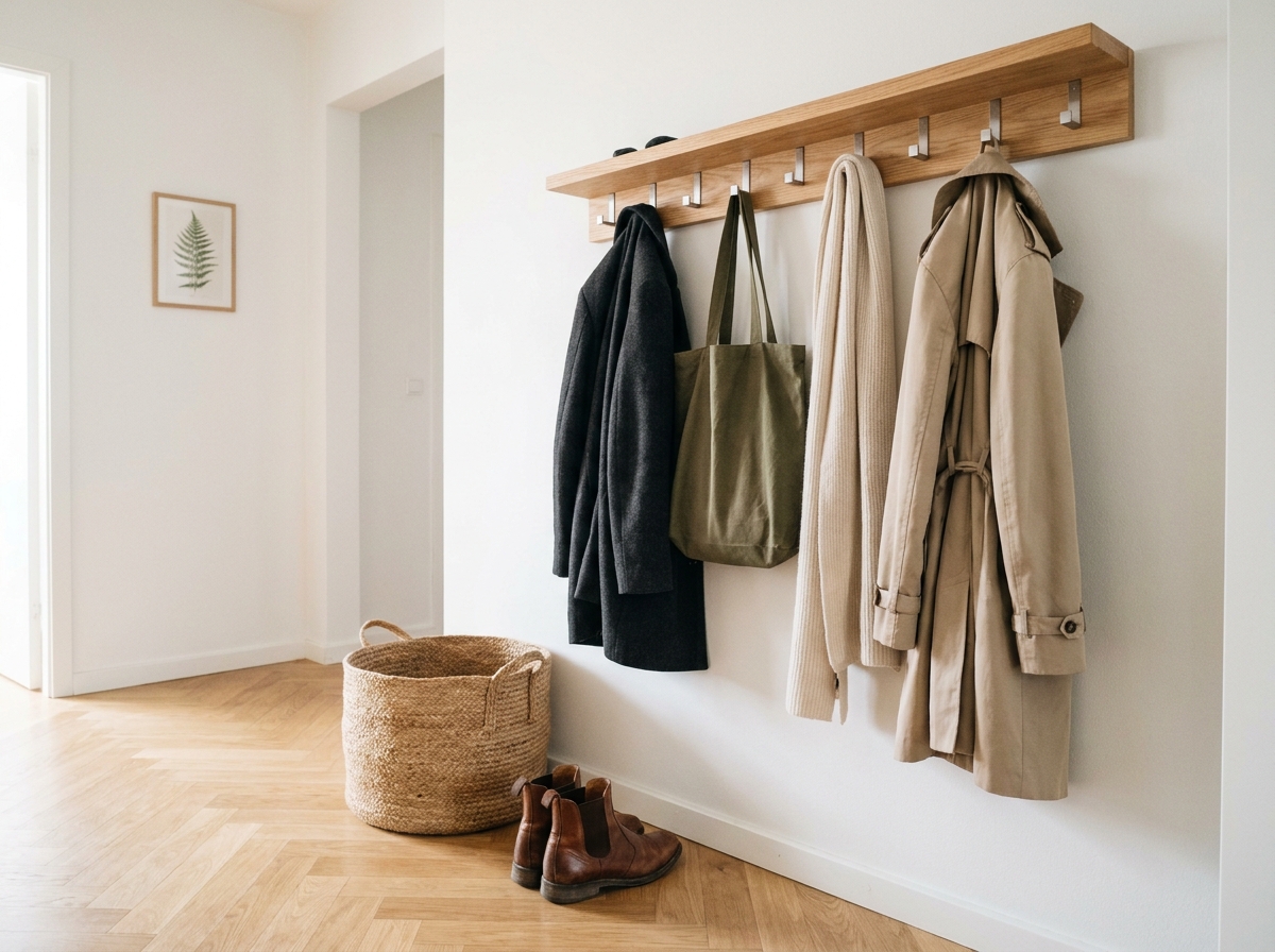 Porte-manteau mural en bois de chêne dans une entrée scandinave bien organisée avec manteaux et accessoires rangés