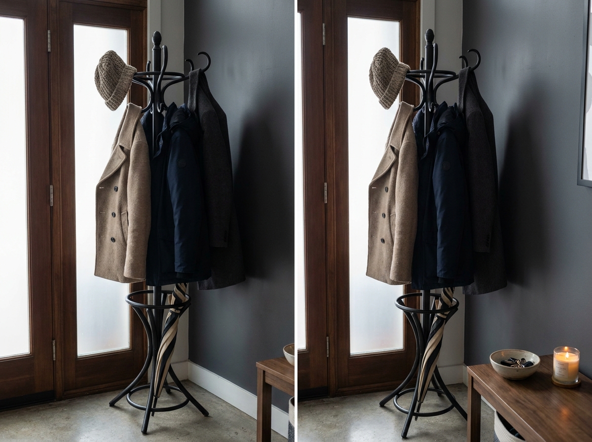 Porte-manteau sur pied vintage en métal noir avec manteaux d'hiver dans une entrée d'appartement urbain