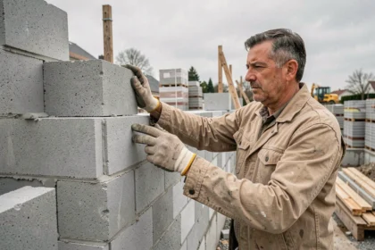 Ouvrier posant des blocs de Siporex sur un chantier de construction pour isolation thermique