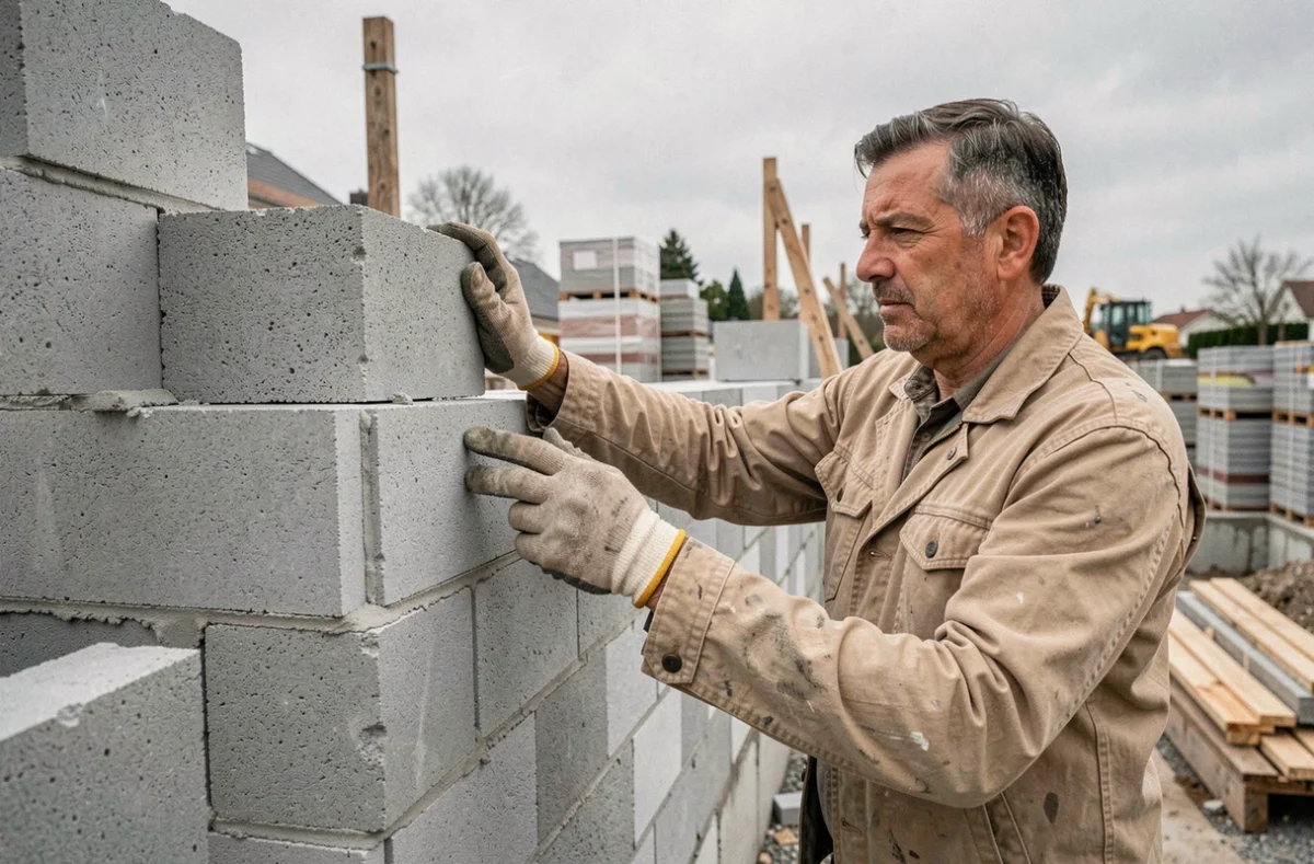 Ouvrier posant des blocs de Siporex sur un chantier de construction pour isolation thermique