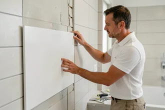 Pose de dalle murale PVC dans une salle de bain moderne par un artisan professionnel