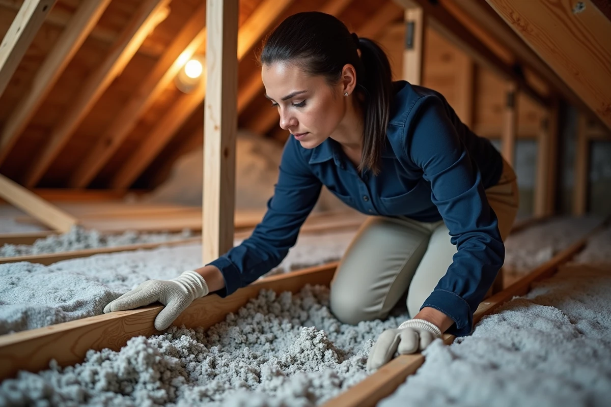 Femme installant de la ouate de cellulose soufflée entre les solives d'un plancher de combles lors de travaux d'isolation