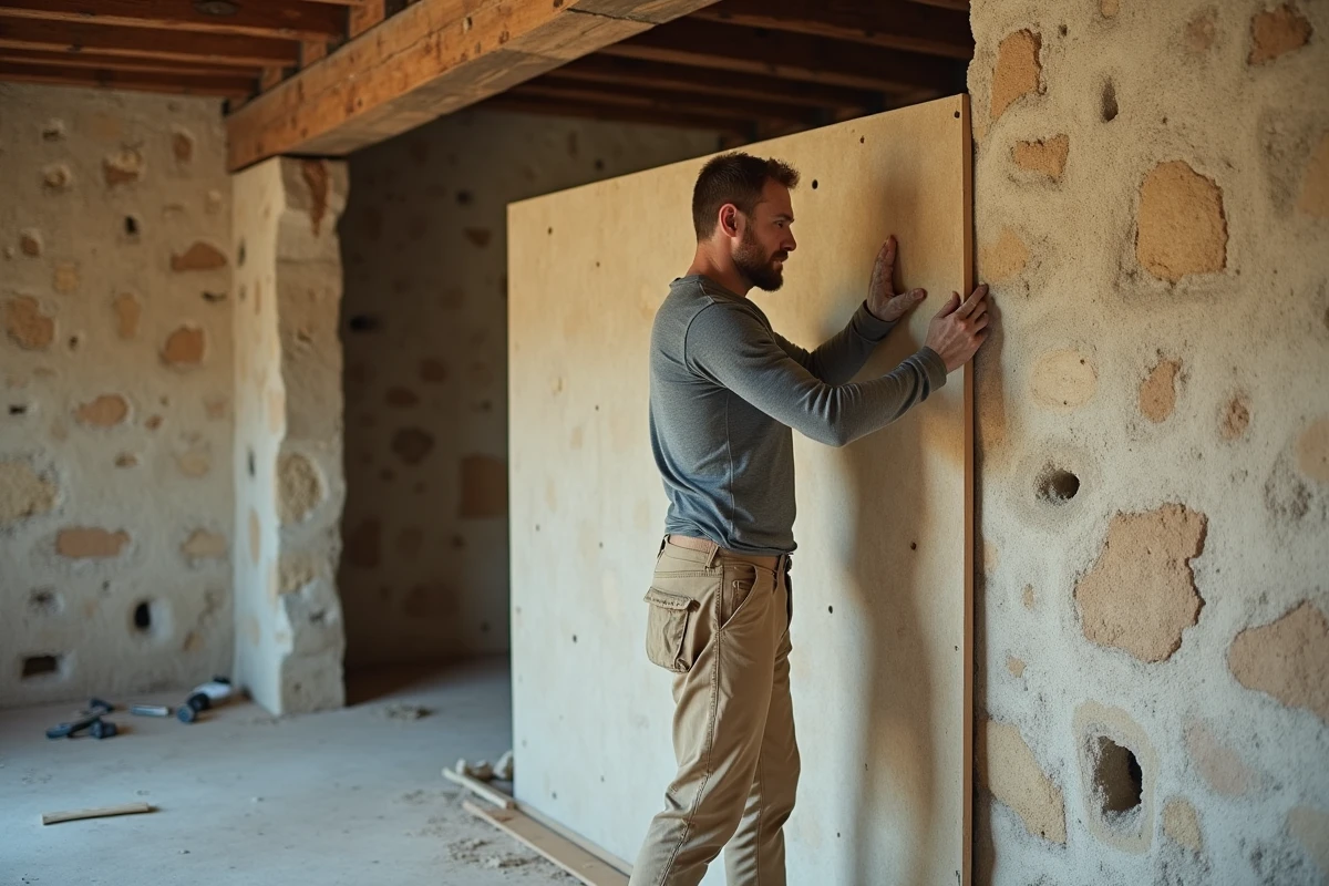 Artisan posant une plaque d'isolation thermique sur un mur en pierre dans une maison ancienne en cours de rénovation
