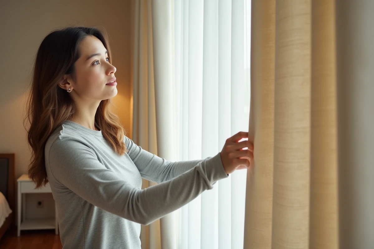 Personne ajustant des rideaux occultants épais couleur crème dans une chambre lumineuse pour améliorer l'isolation et le sommeil