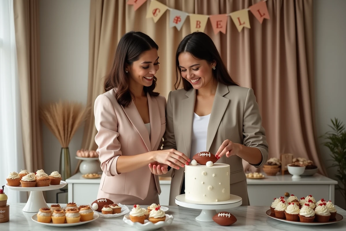 Deux femmes préparant un gâteau à thème football
