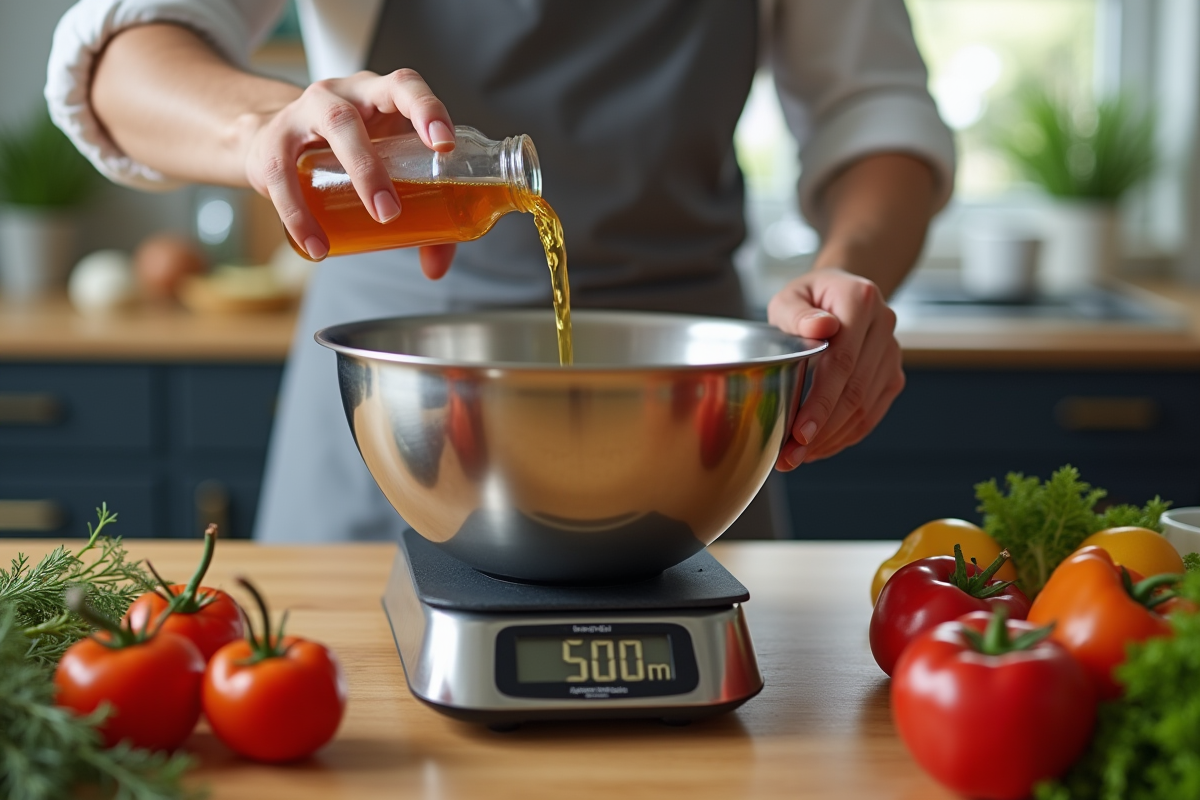 Mains d’un chef versant 500 ml dans un bol en acier inoxydable avec ingrédients et tableau de conversion