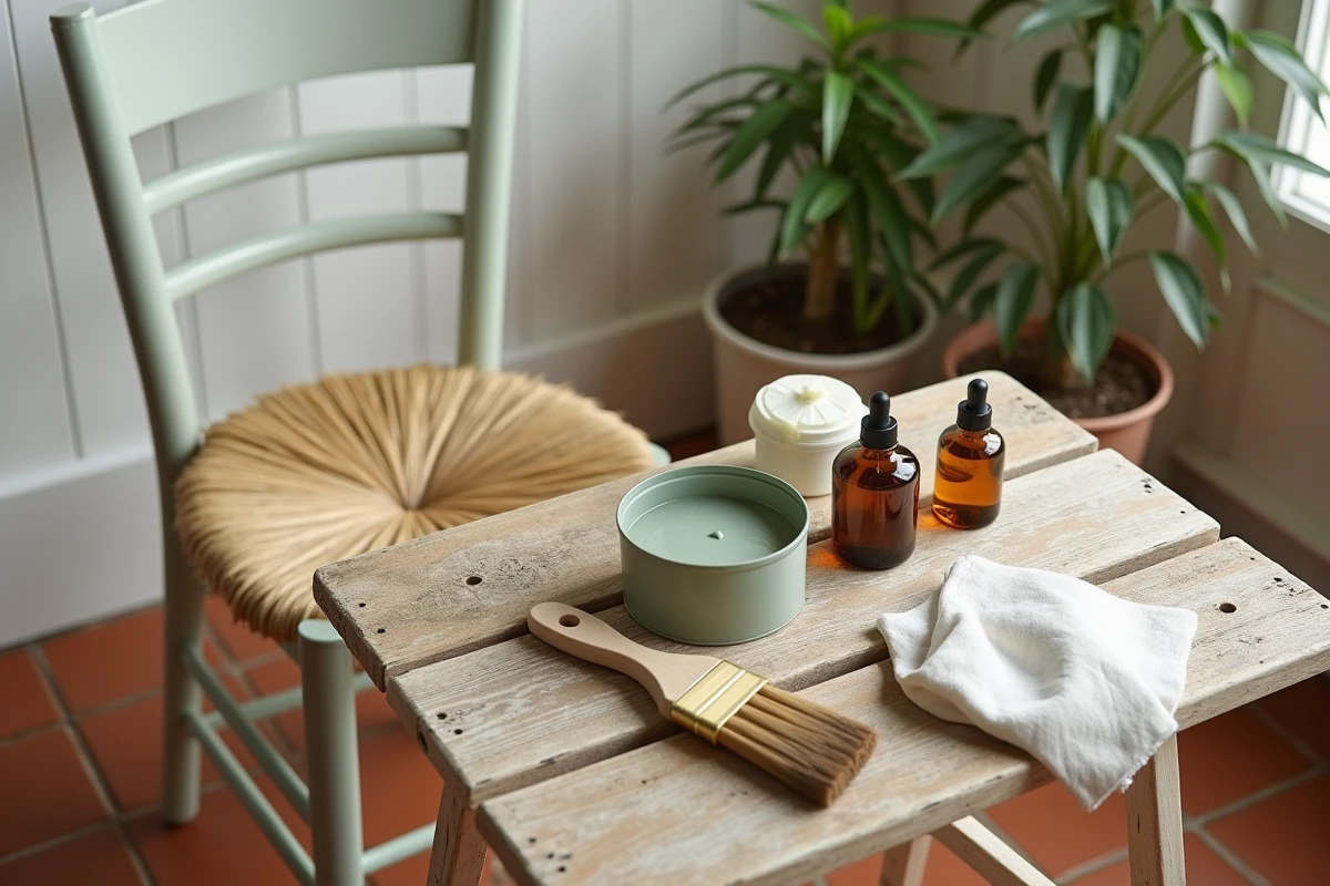 Produits écologiques et non toxiques pour rénover une chaise paillée, disposés sur une table en bois