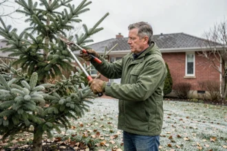 Professionnel en train de tailler un grand sapin de Noël extérieur dans un jardin résidentiel en automne