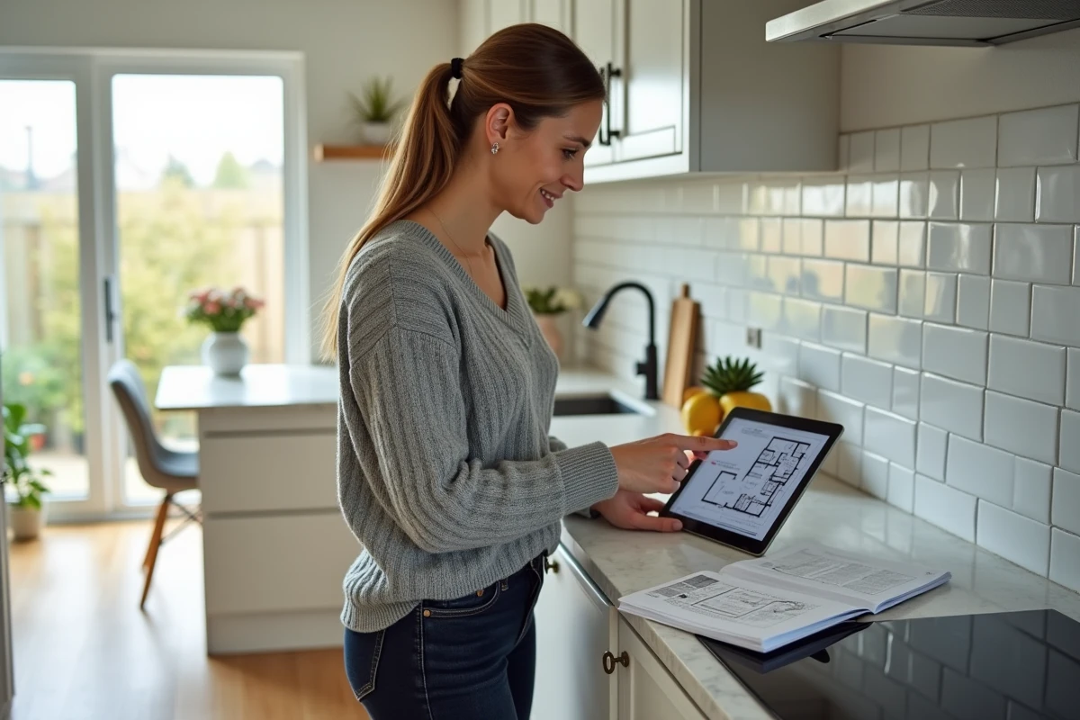 Propriétaire consultant un plan de dimensionnement RIBO T sur tablette dans une cuisine moderne