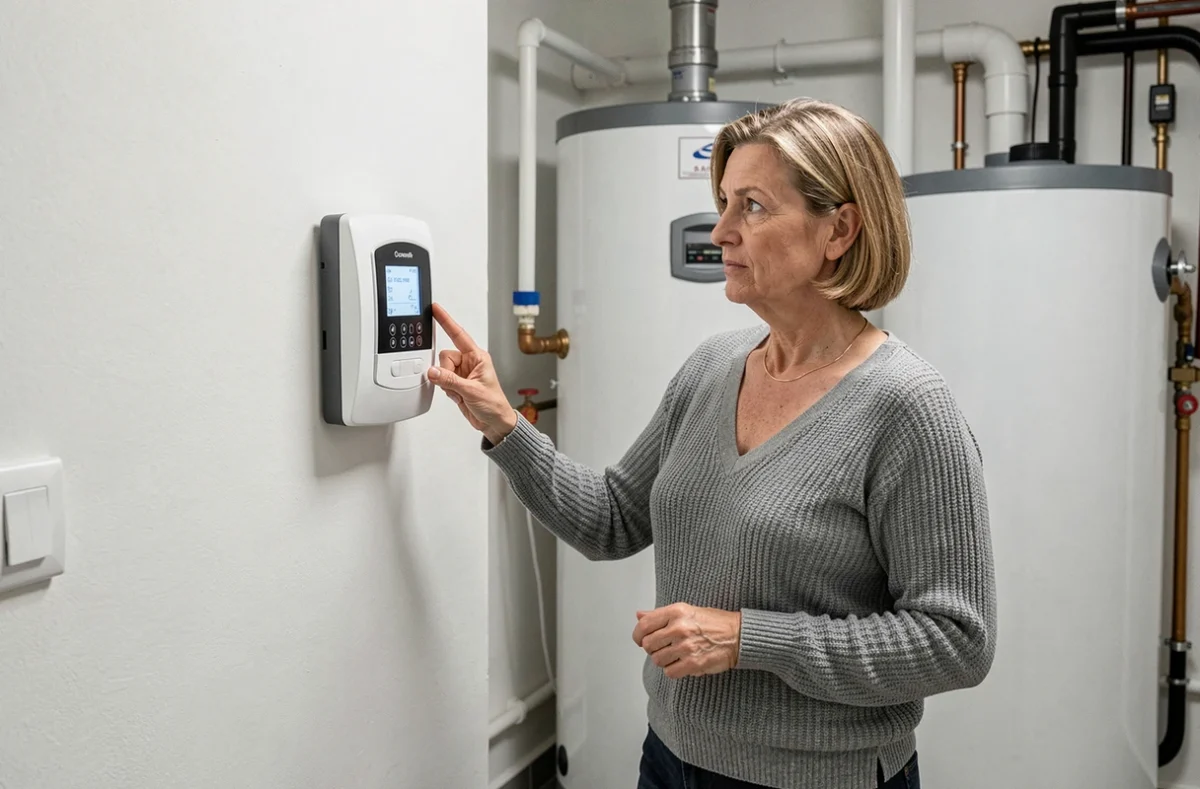 Propriétaire consultant le thermostat d'un système d'aérothermie dans une chaufferie moderne