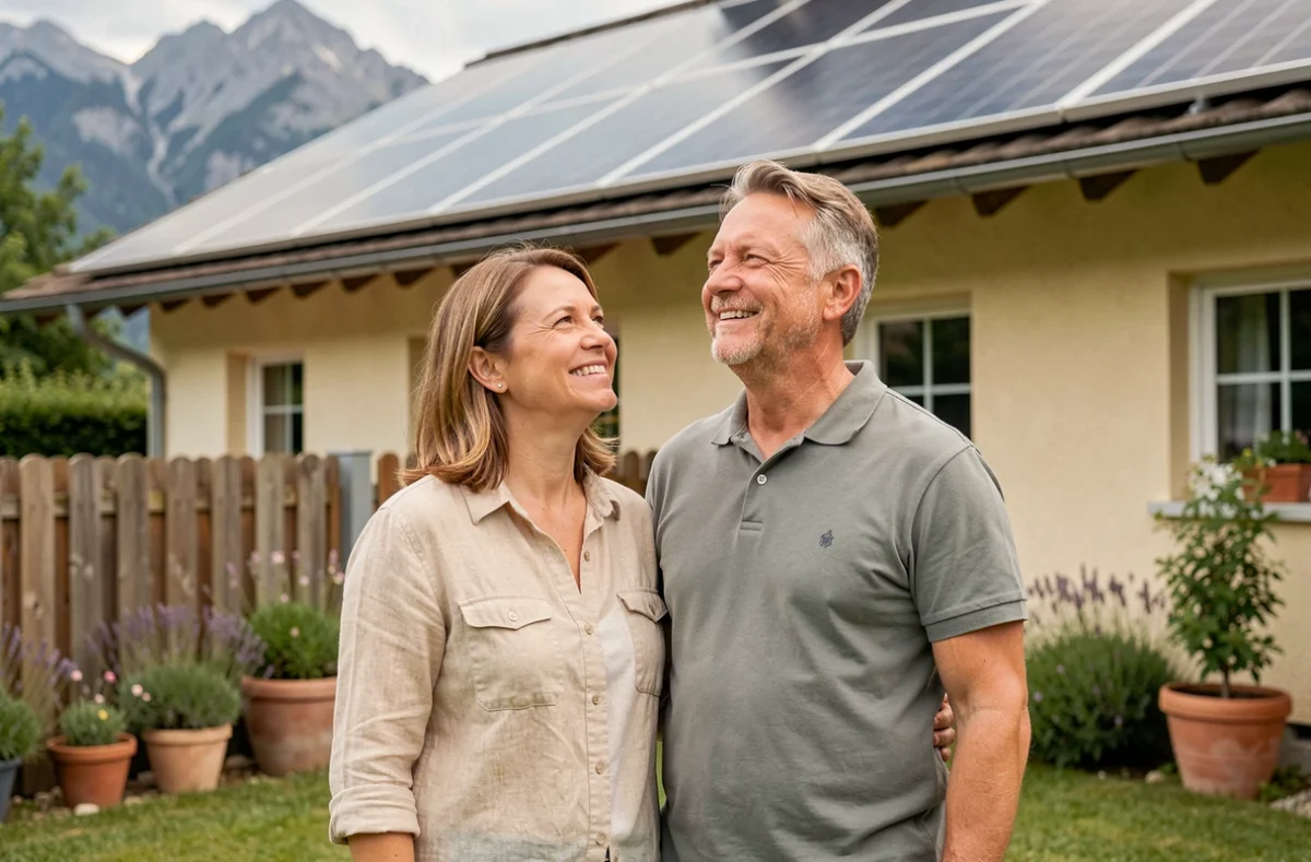 Couple de propriétaires souriants devant leur maison équipée de panneaux solaires à Annecy avec les montagnes en fond