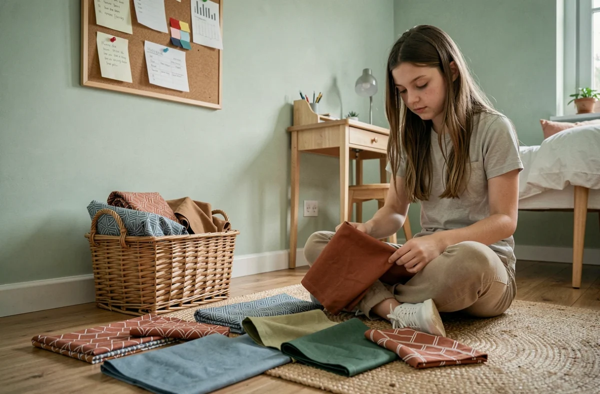 Jeune fille rangeant des tissus coton enduits colorés dans un panier en osier dans une chambre décorée de façon minimaliste