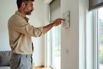 Homme réglant un volet roulant Bubendorff électrique en appuyant sur le boîtier de commande mural pour inverser le sens de rotation