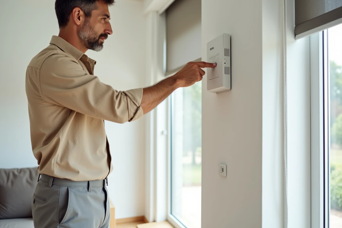 Homme réglant un volet roulant Bubendorff électrique en appuyant sur le boîtier de commande mural pour inverser le sens de rotation