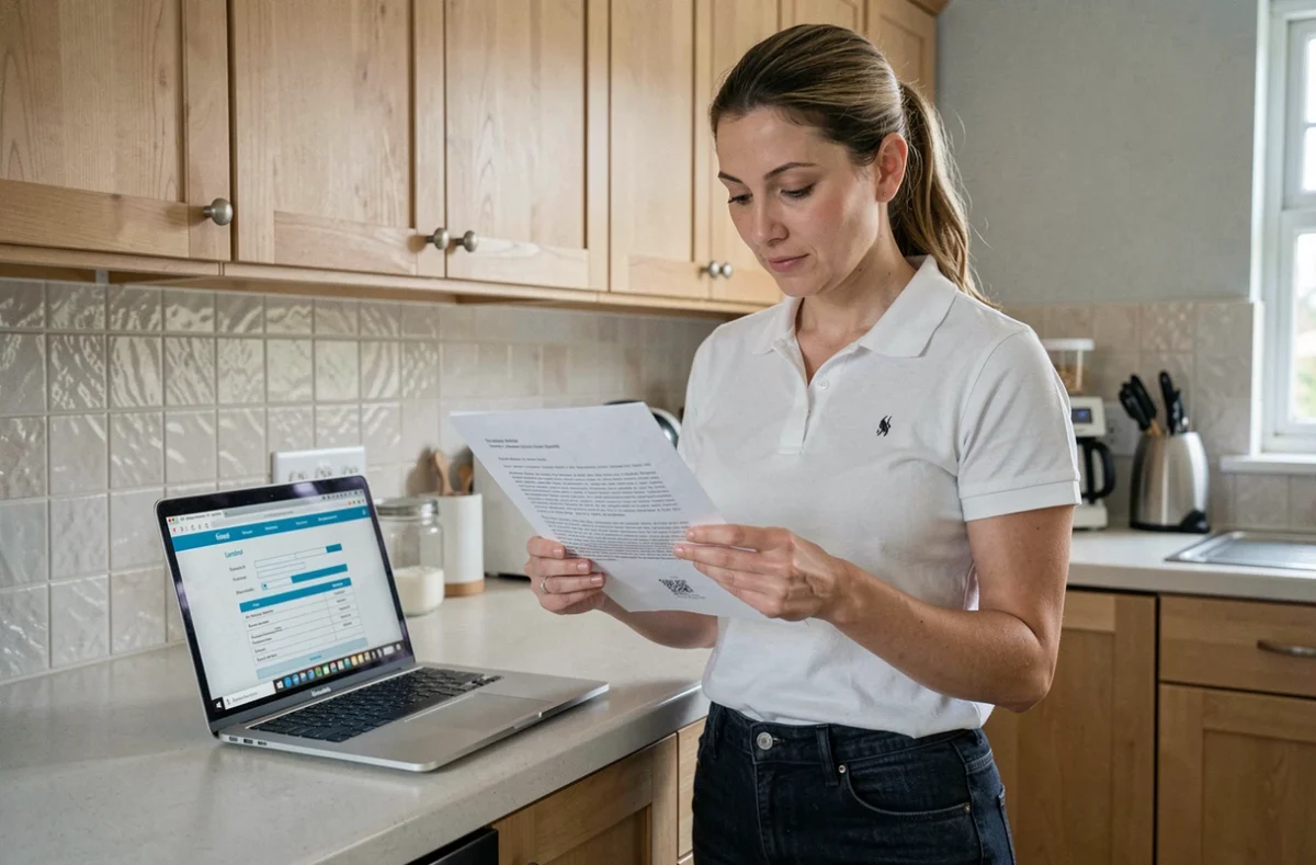 Femme relisant sa lettre de motivation pour emploi de femme de ménage dans une cuisine moderne et organisée
