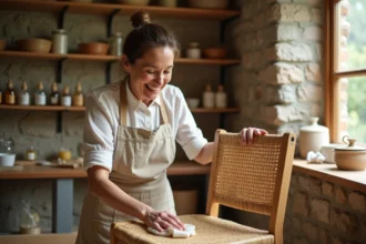 Femme appliquant une cire naturelle sur une chaise paillée dans un atelier artisanal écologique