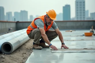 Ouvrier inspectant une membrane d'étanchéité lors de la rénovation d'un toit terrasse urbain