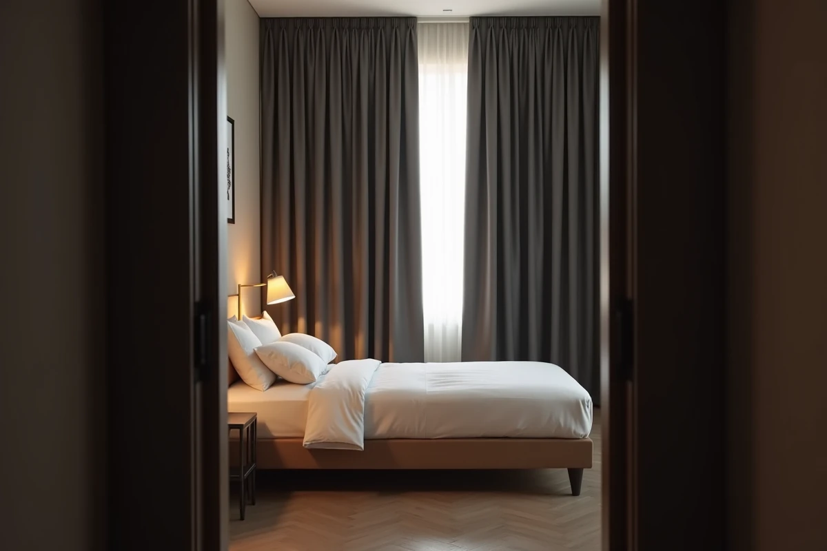 Chambre à coucher avec rideaux occultants gris anthracite tirés, plongeant la pièce dans l'obscurité pour un sommeil optimal